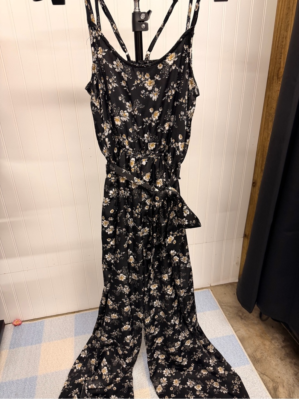 Black Floral Wide-Leg Jumpsuit with Belt